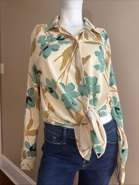 H&M Cream Blouse with Tan Brushstrokes and Teal Accents
